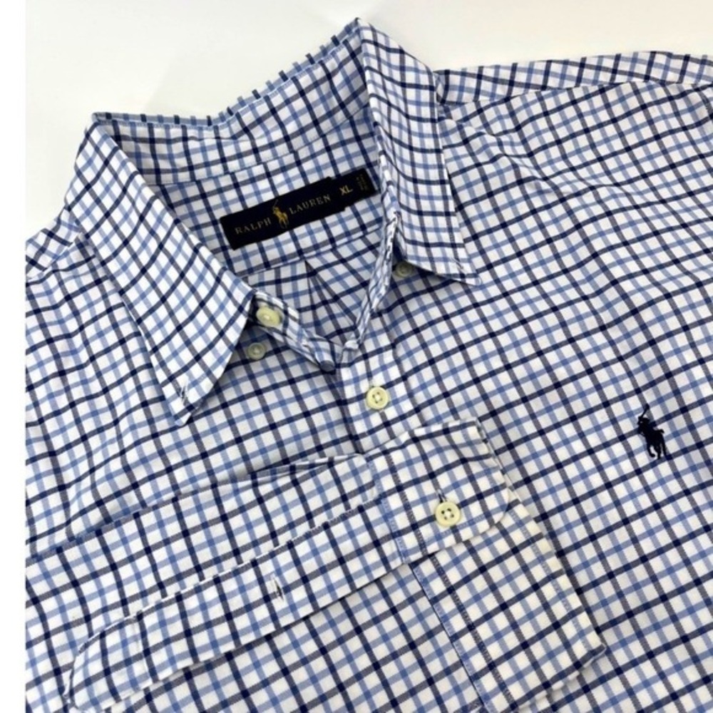 Ralph Lauren Men Button Down Shirt Blue Gingham Plaid Long‎ Sleeve Polo Pony XL